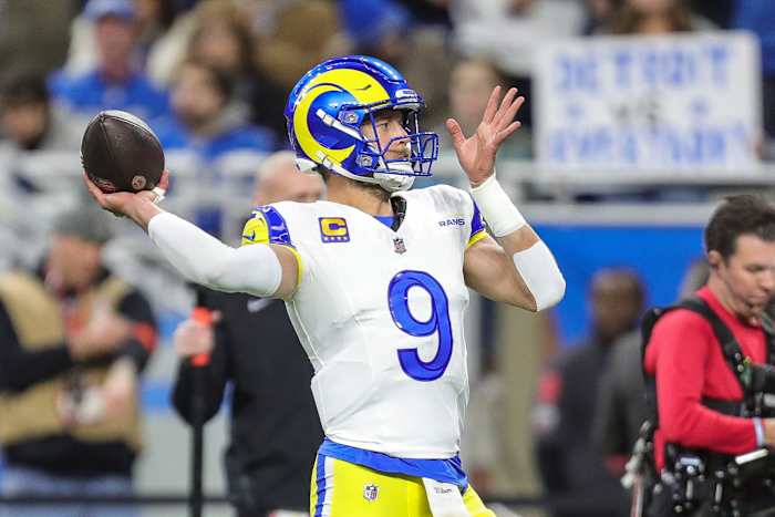 Rams quarterback Matthew Stafford during warmups before the NFC wild-card game at Ford Field on Sunday, Jan, 14, 2024.